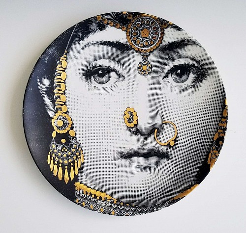 Inventory:  Piero Fornasetti, Fornasetti Tema E Variazioni Gold Plate, Number 228, The iconic image of Lina Cavalieri.
, SOLD •