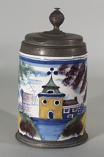 German Faience German Faience Polychrome Tankard, German, Funcke, Berlin,, Circa 1720-40. SOLD •