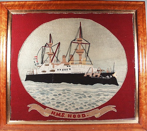 Inventory: A British Sailor's Woolwork Picture of HMS Hood, Circa 1893-1900, SOLD •
