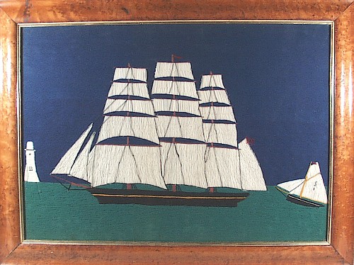 Inventory: An English Woolwork Picture of a Three-masted ship passing a lighthouse with a small yacht nearby, Circa 1880, SOLD •