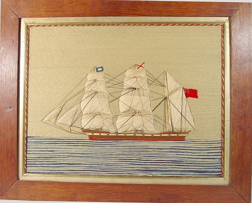 Inventory: A British Sailor's Woolwork picture of a Ship, Circa 1875-85., SOLD •