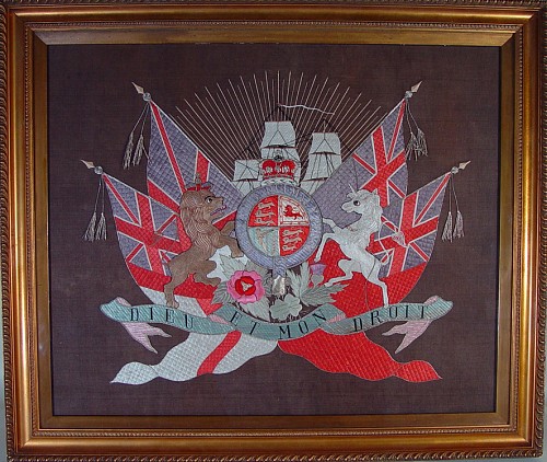Inventory: A Silkwork Picture of the Royal Coat of Arms with Flags and Large Ship, Circa 1870-90, SOLD •