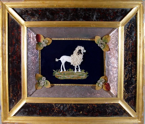 Inventory: An Unusual French Shadow Box Picture with Leather & Wool Poodle, Circa 1880, SOLD •