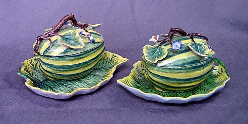 A Rare Pair of Dutch Delft Melon Tureens, Covers & Stands,
Circa 1750. SOLD •