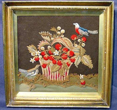 Inventory: A Fine Feltwork Applique of Birds and Strawberries, Circa 1820, SOLD •
