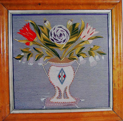 Inventory: An English Woolwork Picture of Flowers in an Urn, Circa 1840-60, SOLD •