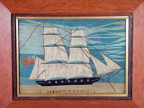 Inventory: A Fine Small Sailor's Silkwork Picture of a Ship, The H.M.S. Daring, Circa 1864., SOLD •