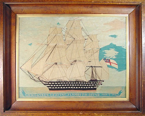 Inventory: An Early Huge British Sailor's Woolwork Picture of HMS Queen, Circa 1850., SOLD •