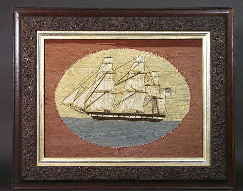 Inventory: British Sailor's Woolwork Picture (woolie) of a Ship, Circa 1865-75., SOLD •