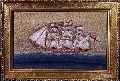 Inventory: A Small English Sailor's Woolowrk Picture of a Ship, Circa 1890., SOLD •