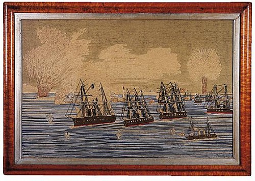 Inventory: A Large, Fine & Rare Sailor's Woolwork Picture -woolie- of The Battle of Fort Souik, Persian Gulf, 1873. , SOLD •