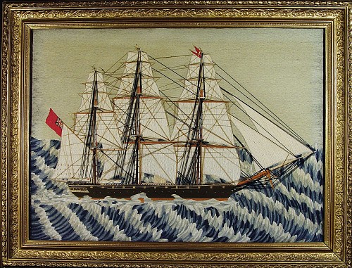 Inventory: A Fine Sailor's Woolwork Picture Depicting a Three-mastedSailing Vessel in a Rough Sea,  Circa 1870, SOLD •