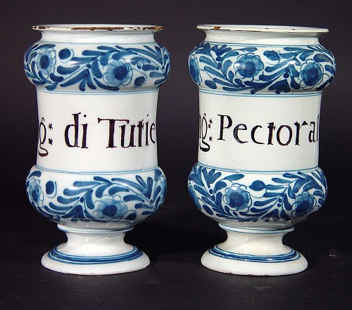 Inventory: A Pair of Italian Maiolica Blue and White Drug Jars,, SOLD •