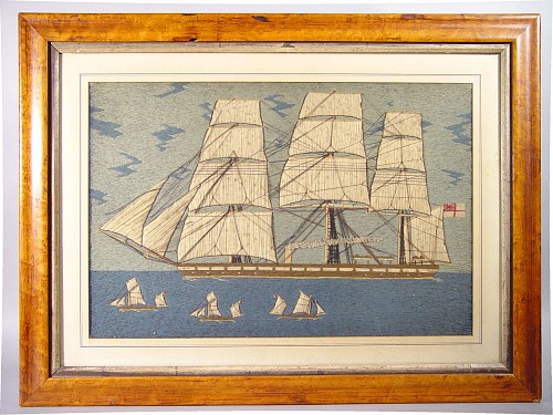 Inventory:  Sailor's Woolwork, Sailor's Woolie Picture of a Four Ships, Circa 1870, SOLD •