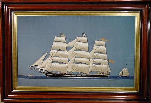 Inventory: A Superb American Massive Silkwork Picture of the ship, "Carbet Castle" in original frame, Circa 1885-95., SOLD •