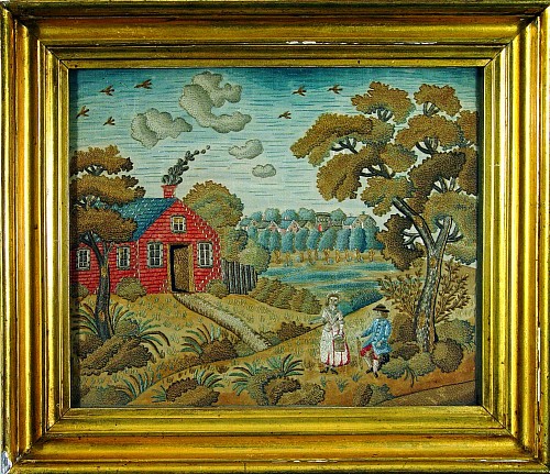 Inventory: A Fine English Silkwork of a Landscape Scene with Red House and Townscape, Circa 1770, SOLD •