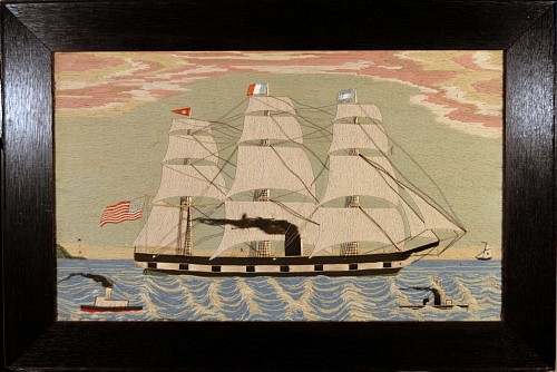 Inventory: A Fine American Woolwork Picture of Four Ships, Circa 1875., SOLD •