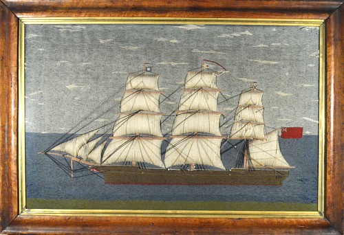 Inventory: Sailor's Woolwork or Woolie Large Picture of a Ship, Circa 1865., SOLD •
