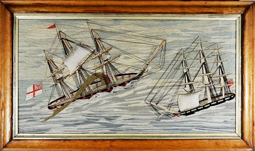 Inventory: Sailor's Woolwork Woolie of Two Royal Navy Ships in Rough Seas, Circa 1865-75., SOLD •