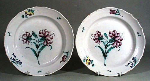 Inventory: A Pair of French Faience Plates Painted With A Double Carnation, Circa 1750., SOLD •