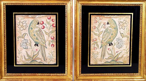 Inventory:  Silkwork, Silkwork Pictures of Parrots,, Circa 1720., SOLD •