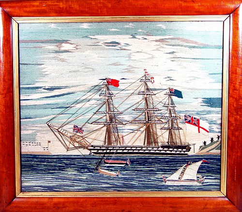Inventory:  Sailor's Woolwork, English Woolwork or Woolie of a Royal Navy Ship with Sailors on the Yardarms,, Circa 1865-70, SOLD •