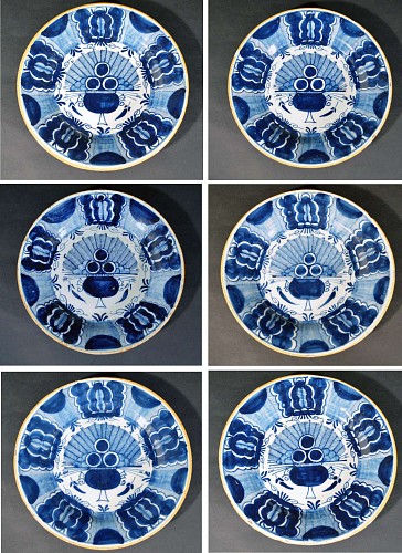 Inventory: Dutch Delft Underglaze Blue Set of Six Peacock or Fan Plates, Three Bells Factory, - Circa 1760, SOLD •