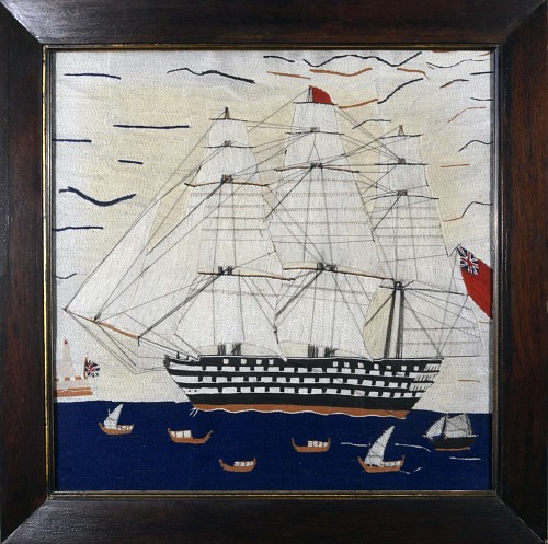 Inventory: An English Sailor's Woolwork Picture of a Ship (woolie), Circa 1870., SOLD •