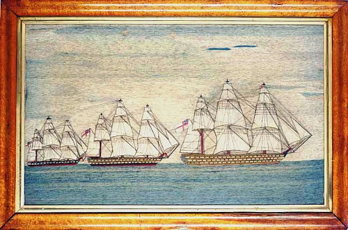 Inventory:  Sailor's Woolwork, Sailor's Large Woolwork Woolie of Three Royal Navy Ships with Trapunto Sails,  Circa 1865-75., SOLD •
