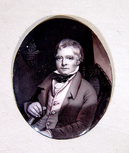 Inventory:  Portrait Miniature, An Enamel Portrait Miniature of Sir Walter Scott attributed to William Russell Birch (named on reverse, Circa 1794, SOLD •