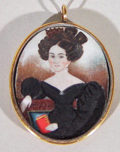 Inventory: An American Folk Portait Miniature of a Lady with Red Book, Circa 1830-40 SOLD &bull;