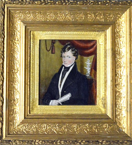 Search:  Portrait Miniature, A Large English Portrait Miniature of a Young Man with Scroll, Circa 1840.