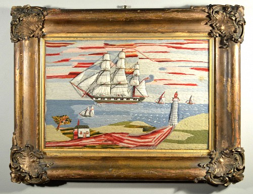 Inventory:  Sailor's Woolwork, English Sailor's Trapunto Woolwork Picture of Ships off the Coast with Lighthouse, 1860-70, SOLD •