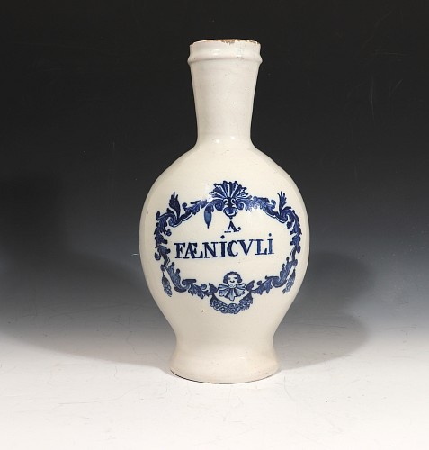 Continental Pottery 18th Century Dutch Delft Bottle-shaped Wet Drug Jar Inscribed 'A. FAENICVLI', 1710-50 SOLD •