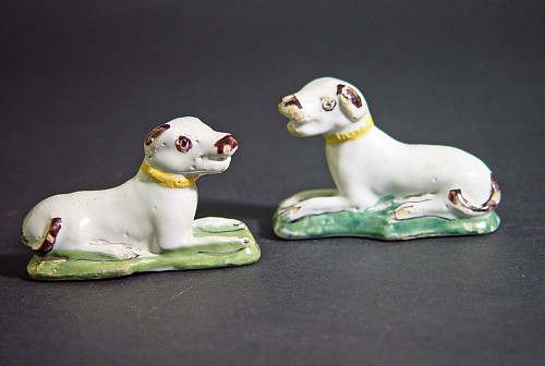 Inventory: Continental Pottery Miniature Tin-glazed Earthenware (faience) Miniature Dogs,  Brussels, 1750-60 SOLD &bull;