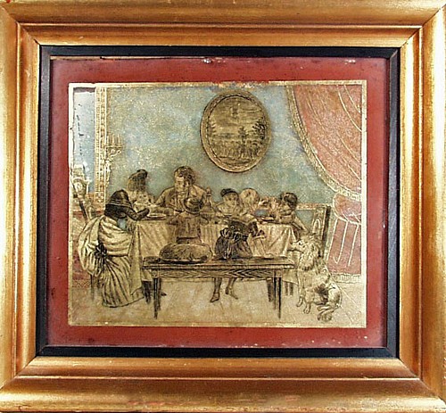 Inventory: Églomisé Glass Painting of a Family at Their Dinner Table, Signed Fihser, Circa 1830-50 $1,950