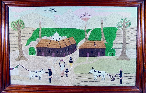 Inventory: Silkwork Woolwork Picture of An African Farm Scene, Circa 1880 $950