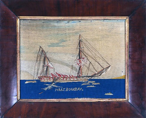 Sailor's Woolwork British Sailor's Woolwork Woolie of Ship HMS Bombay on Fire, 1865 $5,000