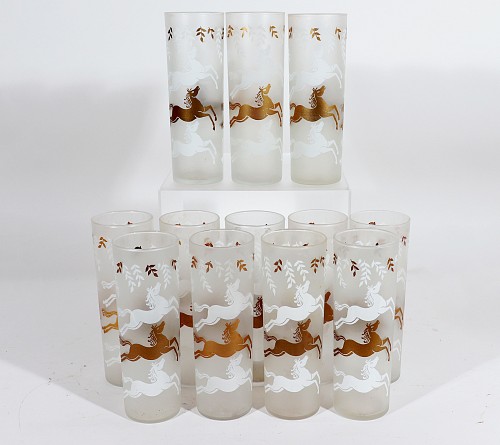 Inventory:  Mid-century Modern, Libbey Cavalcade Galloping Horse Tom Collins Cocktail Glasses- Mid-Century Modern Glasses- Set of Twelve, 1950s-60s, $750
