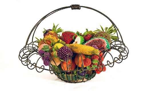 Inventory:  Vintage, American Metal Basket of Beaded Fruit, 1950s, $2,500