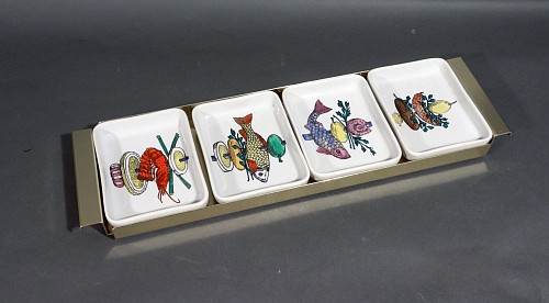 Inventory: Piero Fornasetti Piero Fornasetti Ceramic Appetizer Dishes and Serving Tray, Schidione,  (Large Skewer), Early 1960s $3,750