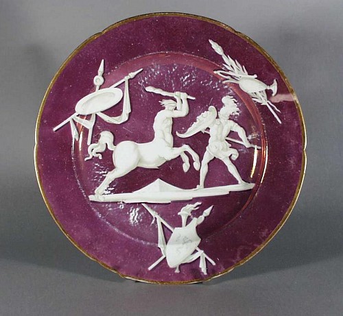 Inventory:  Coalport Factory, Antique Coalport Lustred Porcelain Plate with Neo-Classical Figures, 1805-10, $550