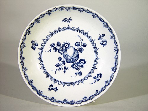 Inventory:  First Period Worcester Porcelain, First Period Worcester Porcelain Printed Fruit & Wreath Pattern Saucer, Circa 1780, $120