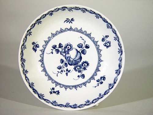 Inventory: First Period Worcester Porcelain First Period Worcester Porcelain Printed Fruit & Wreath Pattern Saucer, Circa 1780 $120