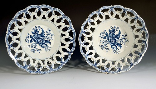 Inventory: First Period Worcester Porcelain First Period Worcester Porcelain Large Pair of Openwork Fruit  Baskets with Pine Cone Pattern, 1770-75 $3,000