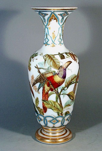 Search:  Baccarat, Baccarat Opaline Crystal Vases Decorated with Birds, Decoration by Jean-Francois Robert, Circa 1843-50, $3,000
