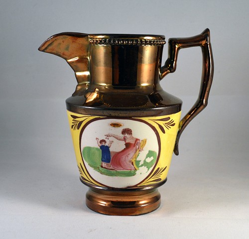 Pearlware English Pottery Copper Lustre & Yellow Small Jug with Adam Buck Panels, Probably Enoch Wood, Circa 1820-30 $285