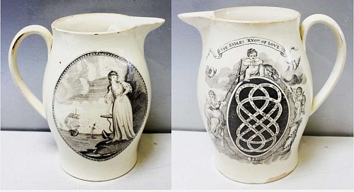 Creamware Pottery English Large Creamware Jug decorated with the ""Endless Knot of Love"" Pattern, Circa 1800 $3,500