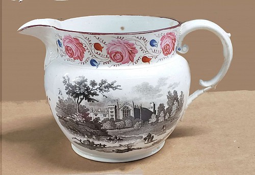 Pearlware Pearlware Jug with Scene of an Abbey surrounding the body and Painted Roses around the Rim, Circa 1820