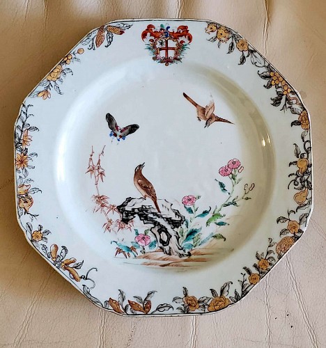 Inventory:  Chinese Export Porcelain, Chinese Export Porcelain Armorial Plate- Darcet or Webb, Circa 1755, $1,250
